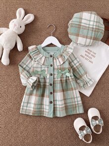 SHEIN Playful Pals 2件組幼女格紋洋裝 優雅薄荷綠蝴蝶結荷葉邊格紋長袖圓領常規款 婚禮派對秋季假期時尚貝雷帽 - 綠色 - 查看 5