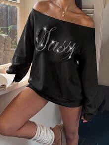SHEIN EZwear 淺灰色女款露肩寬鬆休閒長袖衛衣，34%棉，經典休閒時尚優雅街頭風，水鑽圖案，草體英文文字，返校穿搭 - 黑色 - 查看 2