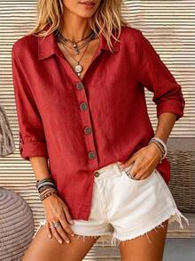 Breezaya Turn-Down Collar Roll-Up Sleeve Linen-Textured Shirt - Red - View 3