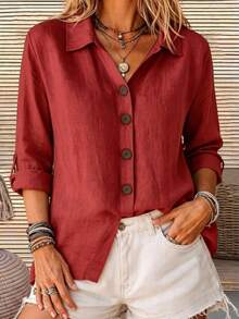 Breezaya Turn-Down Collar Roll-Up Sleeve Linen-Textured Shirt - Red - View 1