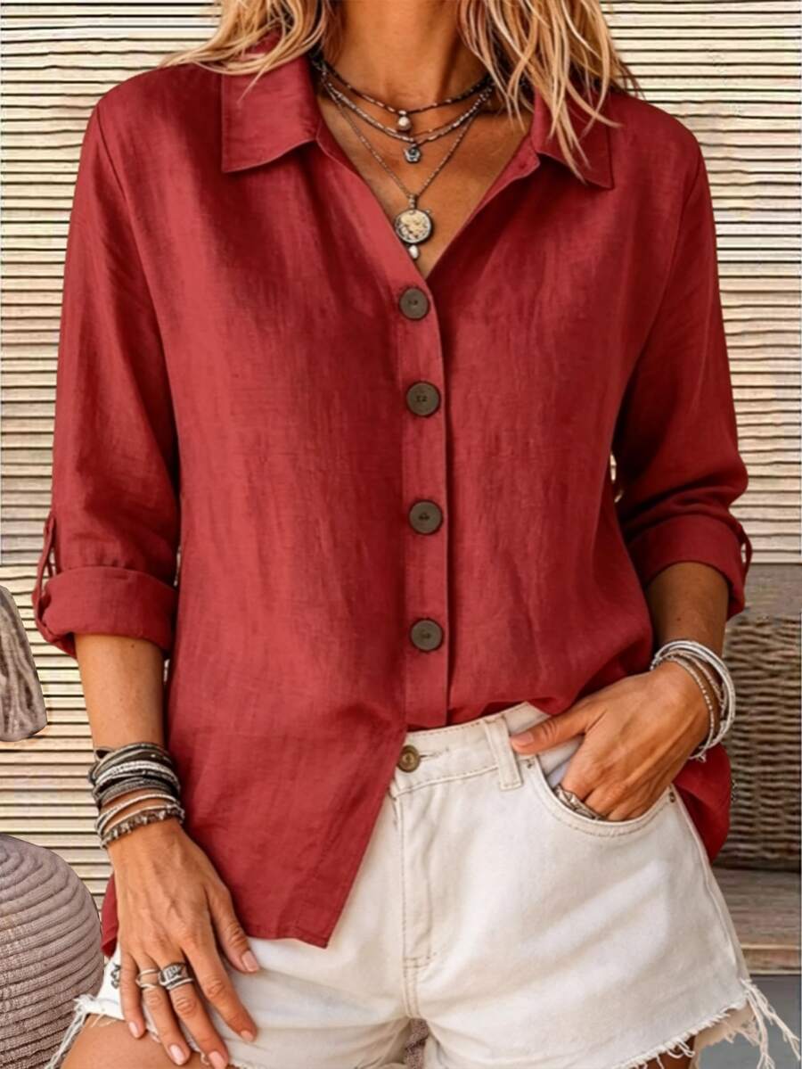 Breezaya Turn-Down Collar Roll-Up Sleeve Linen-Textured Shirt - Red - View 1