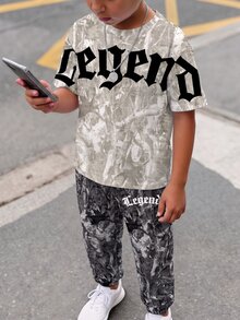 青少年男孩休閒舒適時尚極簡圓領短袖長褲T恤套裝，經典酷帥乾枝落葉楓葉印花，經典哥德文字印花，Y2K，適合秋冬 - 彩色 - 查看 4