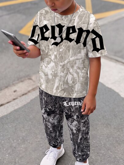 Tween Boy Casual Comfortable Fashion Minimalist Crew Neck Short Sleeve Long Pants T-Shirt Set, Classic Cool Handsome Dry Branch Fallen Leaf Maple Leaf Print, Classic Gothic Text Print, Y2K, Suitable For Autumn/Winter