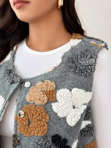 Weeklong Plus Size Sleeveless Round Neck Button-Up 3D Floral Slimming Fashion Casual Elegant Commuter Outing Jacket For Women - Multicolor - View 3
