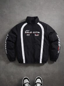Manfinity Roghcode Men's Fashion Motorcycle Style Letter Print Jacket - Black - View 5