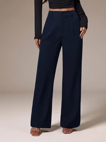 SHEIN PETITE Women's Solid Color Casual Versatile Daily Wear Suit Pants - Navy Blue - View 3