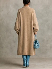 SHEIN Cardigan Rajut Panjang Leher Bulat Musim Gugur/Musim Dingin, Mantel Sweater Longgar Lengan Lentera dengan Kancing Depan - Khaki - View 2