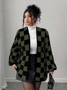 Elenzga 秋冬時尚休閒配色拼接棋盤格女款長袖寬鬆顯瘦大尺碼開襟衫，外套，度假，派對 - 墨綠色 - 查看 8