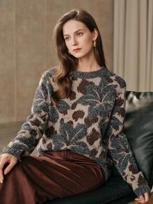 Anewsta Sweater Pullover Rajut Jacquard Abu-abu Wanita, Longgar dan Nyaman, Musim Dingin - MultiWarna - View 1
