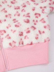 SHEIN Tween女孩甜美印花抓絨內裡連帽人造毛皮夾克 冬季加厚保暖短版毛絨外套 - 粉色 - 查看 5