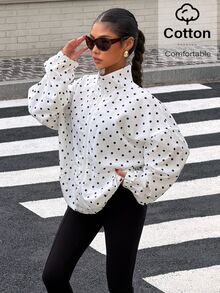 Muchica Women's White Woven Polka Dot Long Sleeve Zip-Up Jacket - Black and White - View 3
