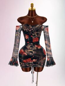 Amplova Women's Long Sleeve Mesh Mini Dress With Tattoo Pattern, Snake Skin & Rose Patchwork, Vintage Sexy Style - Black - View 4