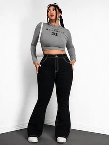 Jeanoix Plus Size Women's Cross Embroidery Pattern Casual Daily Wear Flare Jeans - Black - View 6