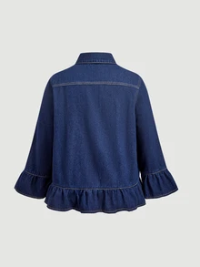 EMERY ROSE Áo khoác denim thời trang đường phố size lớn, cài cúc, gấu bèo nhún - Màu xanh lam - Xem 10