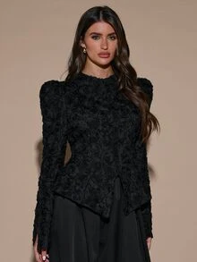 SHEIN BAE Jaket Pesta Elegan dengan Lengan Berhiaskan Kelopak Bunga 3D - Hitam - View 1