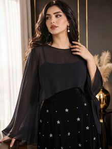 Modelyn Plus Size Women's Flare Sleeve Top And Floral Print Dress Elegant 2 Pieces Set - Black - View 5