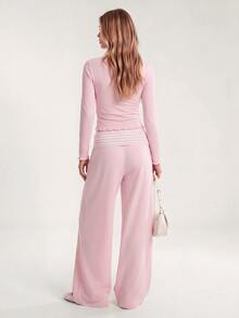 Avantive Women's Sweet Frill Trim Top And Striped Colorblock Pants 2 Pieces Set - Pink - View 2