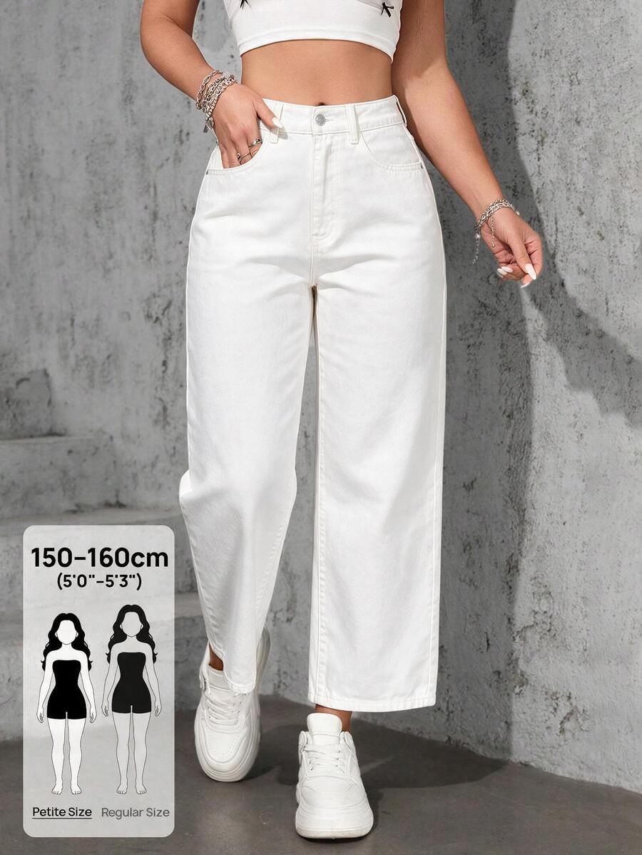 SHEIN PETITE 女款寬鬆直筒寬腿顯瘦淺色四季款九分牛仔褲 - 白色 - 查看 1