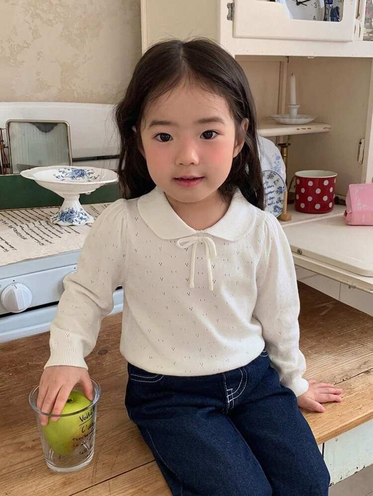 DAZY Baby Girls Textured Bow Collar Long Sleeve Korean Style Elegant T-Shirt Top - Apricot - View 8