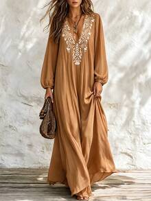 Breezaya Women's Fashion Elegant Vacation Style Embroidered Long Sleeve Dress - Brown - View 4