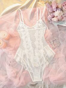 DelicateAllure White Mesh Patchwork 3D Floral Ruffle Hem Sheer Babydoll Jumpsuit, Pure & Elegant Women's Lingerie - White - View 2