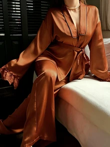 Dazy Plus Elegant Contrast Color Striped Cuff Lace Patchwork 2-Piece Set New Year Red Pajama Set Fall - Orange - View 4