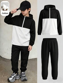 SHEIN 2件組兒童青少年男孩半拉鍊連帽外套與慢跑長褲套裝，適合通勤、上學、日常休閒穿著、運動，秋冬款 - 黑與白 - 查看 2