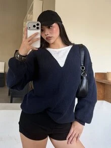 DAZY Women's Fall Navy And White V-Neck Long Sleeve 2 In 1 Colorblock Patchwork Loose Layered Casual Preppy Streetwear Daily Knit Sweater Commuting Brunch Winter - Navy Blue - View 8