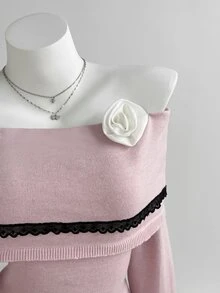 Elamini Sweater Wanita Model Off-Shoulder dengan Motif Bunga 3D yang Manis - Berwarna merah muda - View 3
