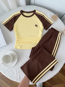 Tween Girls Printed T-Shirt And Long Pants Knit 2 Pieces Set, Casual Daily Fashion Versatile - Multicolor - View 1