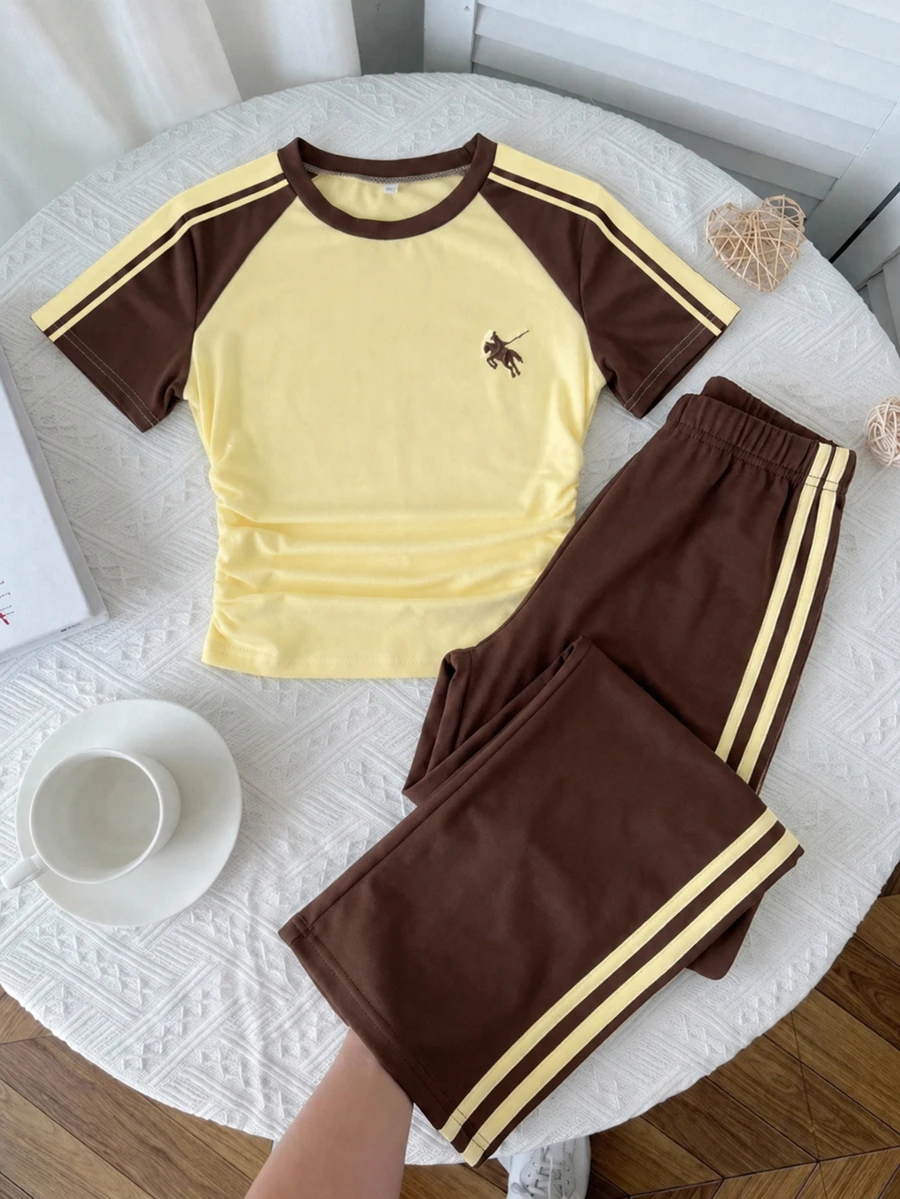 Tween Girls Printed T-Shirt And Long Pants Knit 2 Pieces Set, Casual Daily Fashion Versatile - Multicolor - View 1