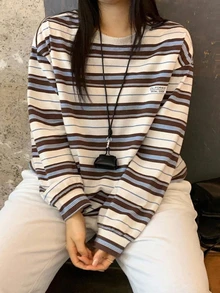 Dazy Plus Korean Style Loose Fit Casual Striped T-Shirt For Girls - Brown - View 2