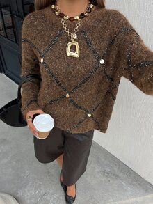 DAZY Women's Rhombus Pattern Sequin Pullover Sweater - Coffee Brown - View 4