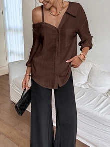 Siren Gaze Women's Spring/Fall Solid Color Asymmetric Collar Dropped Shoulder Loose Casual Elegant Chic Blouse Going Out Dark Brown - Coffee Brown - View 4