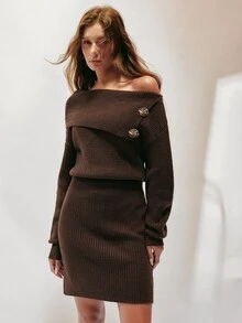 SHEIN 女款復古時尚金屬扣飾針織洋裝 - 咖啡棕 - 查看 2