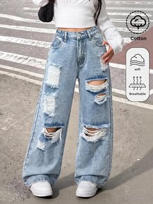 SHEIN Girls' Light Blue Distressed Loose Fit Denim Long Pants - Blue - View 3