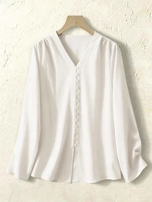 Rusticease 女款純色V領單排扣休閒優雅端莊襯衫，教師節辦公室早午餐穿搭，白色秋季款 - 白色 - 查看 7