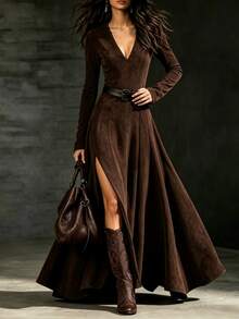 SHEIN Suede Velvet Fashion New Elegant Long Sleeve V-Neck Dress - Brown - View 5