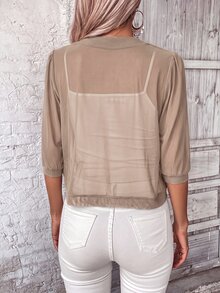 Medorina Solid Open Front Sheer Mesh Jacket In Fall/Winter,Casual - Khaki - View 2