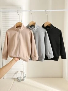 SHEIN 3pcs Young Boys Casual Comfortable Versatile Stand Collar Half-Zip Pullover Sweatshirt With Patch Pocket And Contrast Color Woven Label, Suitable For Autumn/Winter - Multicolor - View 3