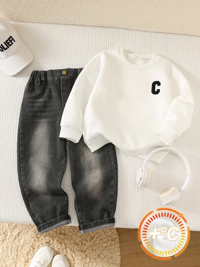 SHEIN Young Boy Casual Minimalist Crew Neck Long Sleeve Sweatshirt, Casual Denim Long Pants, Autumn/Winter Casual Sports Set, Suitable For Autumn/Winter, Suitable For Street Style, Suitable For Back To School