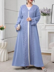 Al Najma 女款長版寬鬆休閒日常蕾絲飾邊黑色晨袍 - 霧霾藍 - 查看 3