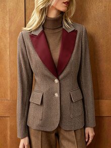 SHEIN Women's Vintage Velvet Houndstooth Lapel Single-Breasted Blazer, Contrast Color Design, Versatile Jacket For Spring, Autumn, Winter, Suitable For Office, Commuting And Other Occasions - Khaki - View 3