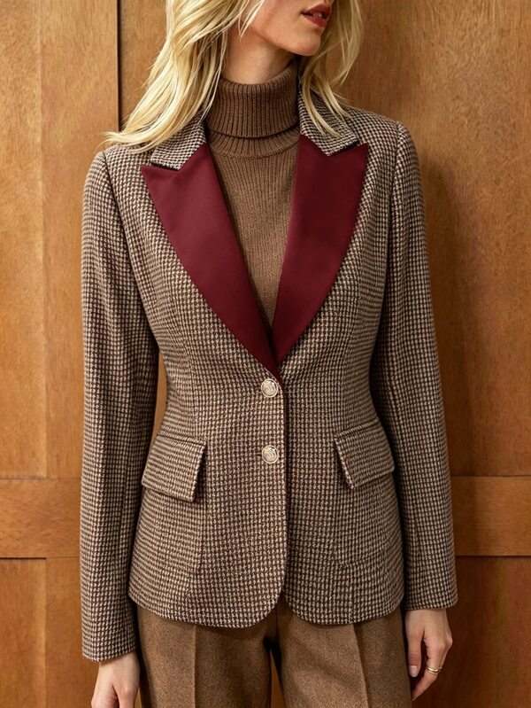 SHEIN Áo blazer nữ nhung vintage họa tiết răng sói, ve áo, một hàng khuy, thiết kế phối màu tương phản, áo khoác đa năng cho mùa xuân, thu, đông, phù hợp đi làm, công sở và các dịp khác