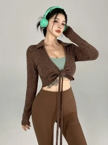 DAZY Women's Solid Color Long Sleeve Front Knot Sports T-Shirt Fall Gym Light Green Sporty Sexy Modest Sporty Athleisure Workout Gym - Brown - View 2