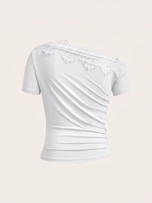 SHEIN Clasi 女款素色對比蕾絲不對稱肩短袖時尚T恤 - 軍綠色 - 查看 6