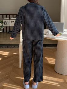 DAZY Contrast Color Plaid Pattern Embroidered Loose Long Sleeve Top & Straight Leg Pants Casual Daily Home Wear Spring Autumn Maternity 2 Pieces Set - Blue - View 2