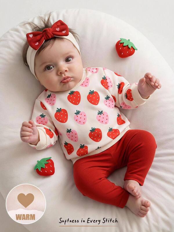 Cozy Pixies Newborn Cute Strawberry Print Crew Neck Sweatshirt And Long Pants Set