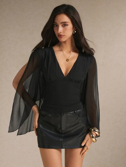 Poéselle Women's Elegant Commute Solid Color Cape Sleeve Top