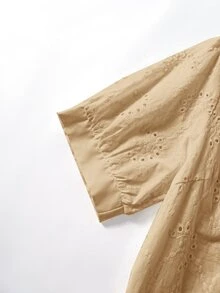 Rusticease Plus Size Vacation Casual Solid Color Hollow Embroidery Shirt - Khaki - View 4